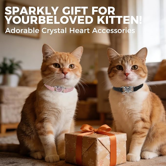 BINGPET 2 Pack Diamond Cat Collar with Bells and Safety Belt, Adjustable Soft Velvet Kitten Collar with Bling Heart Jewelry, Cute Black & Pink Cat Collars for Girls & Boys(Neck Girth 8"-10")
