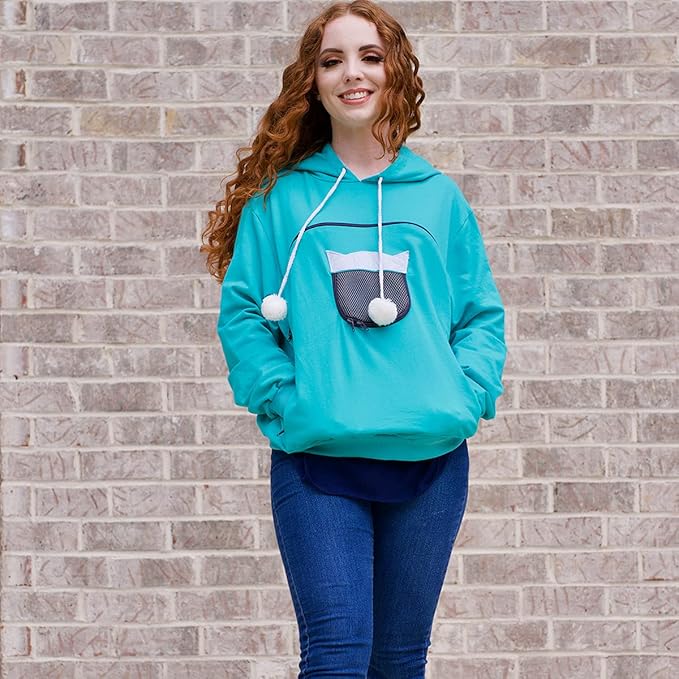 ALYC Unisex Hoodies Pet Holder Cat Dog Large Pouch Carriers Pullover with Cat Printing Sweatshirt (Green-M)