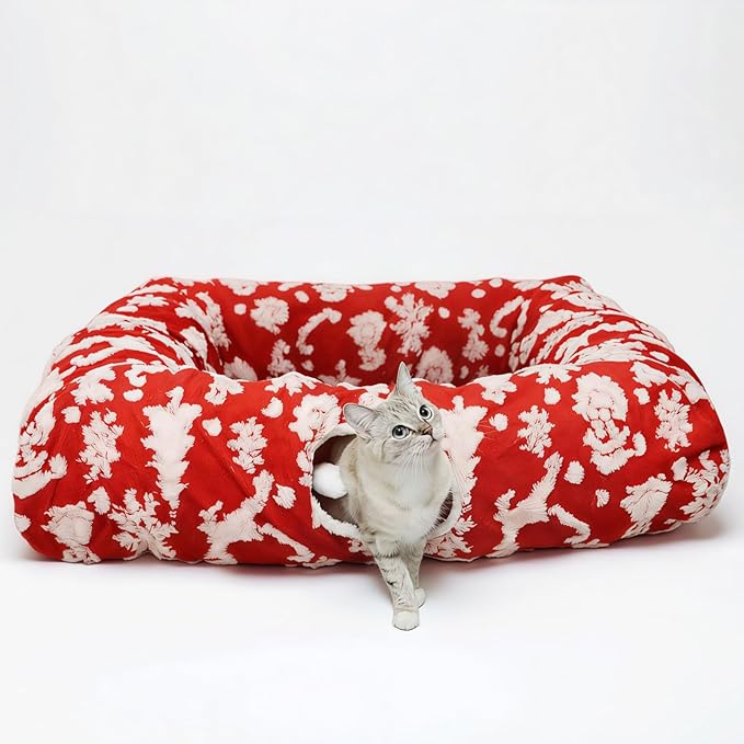 Extra Large Cat Tunnel Bed for Indoor Cats with Warm Mat,Cat Toys Cave Dount Tube for Xmas Decor Red