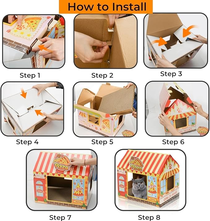 Tlence 2 Pack Cardboard Cat Houses with Scratcher, 16.5''x12.25''x15'' Cat Hideaway Playhouse, Kitty Scratching Beds for Indoor Cats, Pizza Shop Cat Furniture Condo Cave Tent for Bunny Small Animals