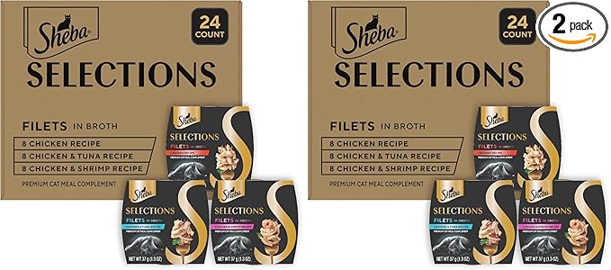 Sheba Selections Filets in Broth,Adult Cat Food Wet Recipe,Meal Complement,Wet Cat Food Variety Pack,Chicken,Chicken & Tuna,or-Chicken & Shrimp Recipe,1.3 oz. Cups,24 Count (Pack of 2)