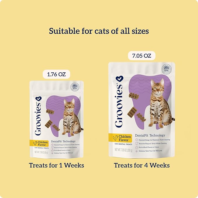 Groovies Cat Daily Dental Treats. Tasty, Crunchy Bites Cats Love. Chicken Flavor. Powered by USA-Patented DentalFit Technology. No Added Gluten, No Artificial Flavors or Colors. 7.05oz (460 Treats)