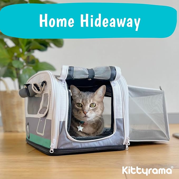 Kittyrama Soft-Sided Airline Approved Cat Carrier with Expandable Hideaway | Escape-Proof SBS Self-Locking Zippers | 22 lb Capacity | Vet Approved | Top & Side Entry | 17×11×11 in