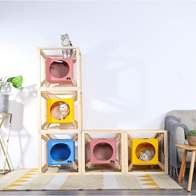 A4Pet Stackable Cat Cave, Modern Cat Tree for Large Cats, Wood Cat Tower Cat Condo Cat House Cat Hammock for Indoor Cats