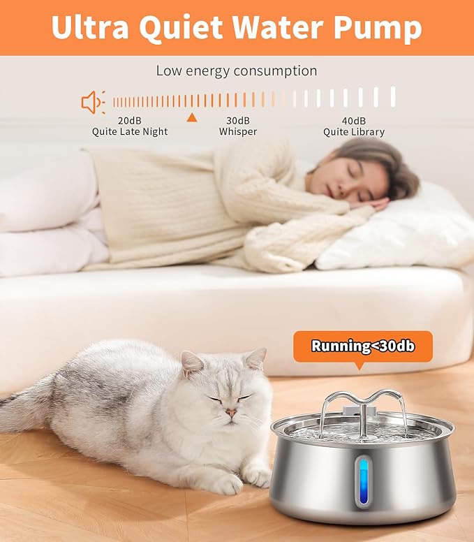 Cat Water Fountain Stainless Steel:135oz/4L Large Capacity Cat Fountain with Water Window, Pet Fountain for Cats Dogs Multiple Pets Drinking Water Bowl Ultra Quite Pump, Attached 2+2 Fliters