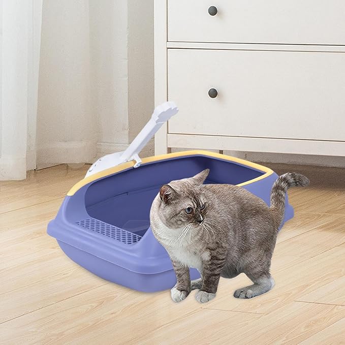 Cat Litter Box Open Top High Sided Anti Splashing Litter Tray with Scoop for Indoor Cats Kittens (2 Sizes)- S Violet