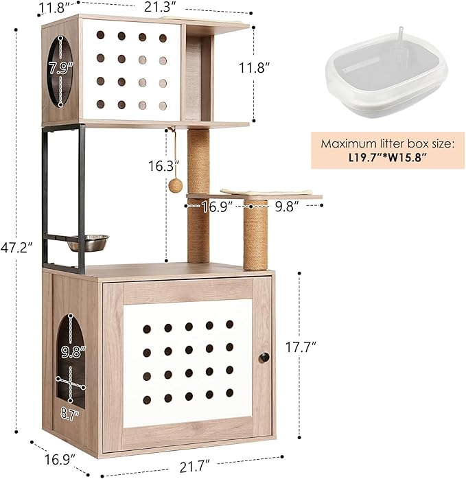 Cat Tree with Litter Box Enclosure - All-in-One Cat Tower for Indoor Cats | Modern Gray&White Pet Furniture w/Large Hammock, Bed, Food Station, Scratching Posts, Magnetic Doors