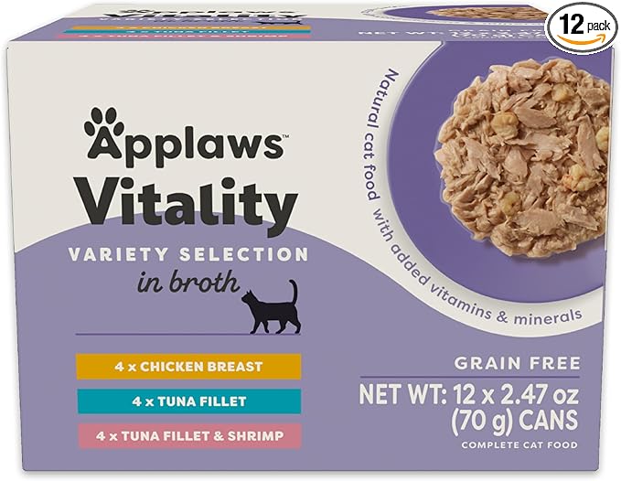 Applaws Vitality Wet Cat Food in Broth, Natural Cat Food with Added Vitamins & Minerals, Grain-Free, Carrageenan Free, Variety Selection in Broth (12 Count, 2.47 oz Cans)