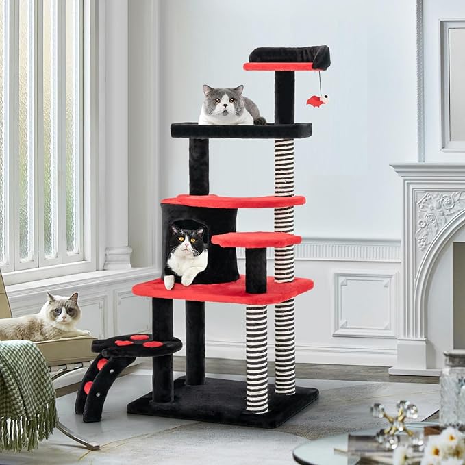 Tangkula Gothic Cat Tree, 52 Inch Black Cat Tower with Coffin Bed, Condo, Sisal Scratching Posts, Pompom Bat-Shaped Ball, Halloween Pet Furniture, Spooky Goth Cat Tree for Indoor Cats