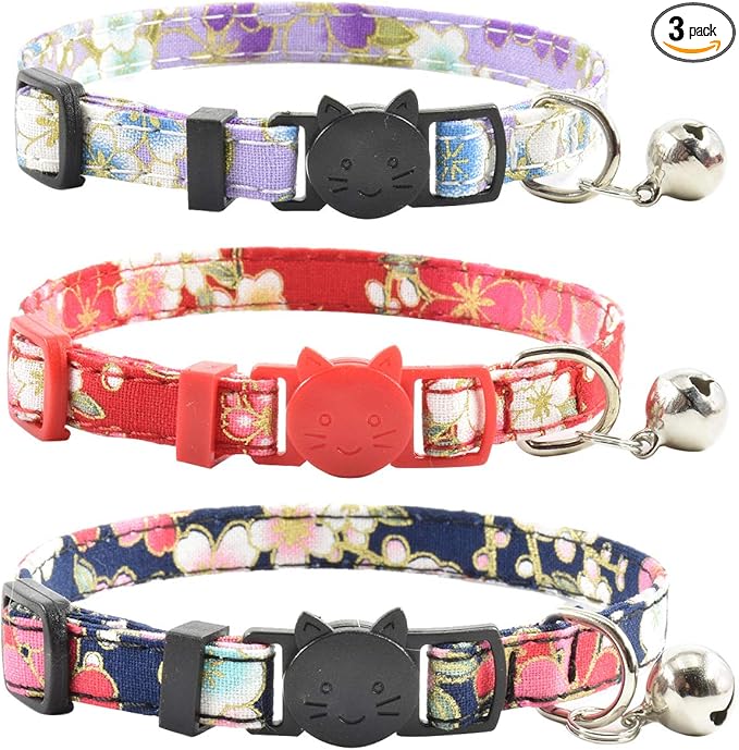 Breakaway Cat Collars with Bell, Set of 3, Durable & Safe Cute Kitten Collars Safety Adjustable Kitty Collar for Cat Puppy 7.5-11in (Purple,Red,Blue1)