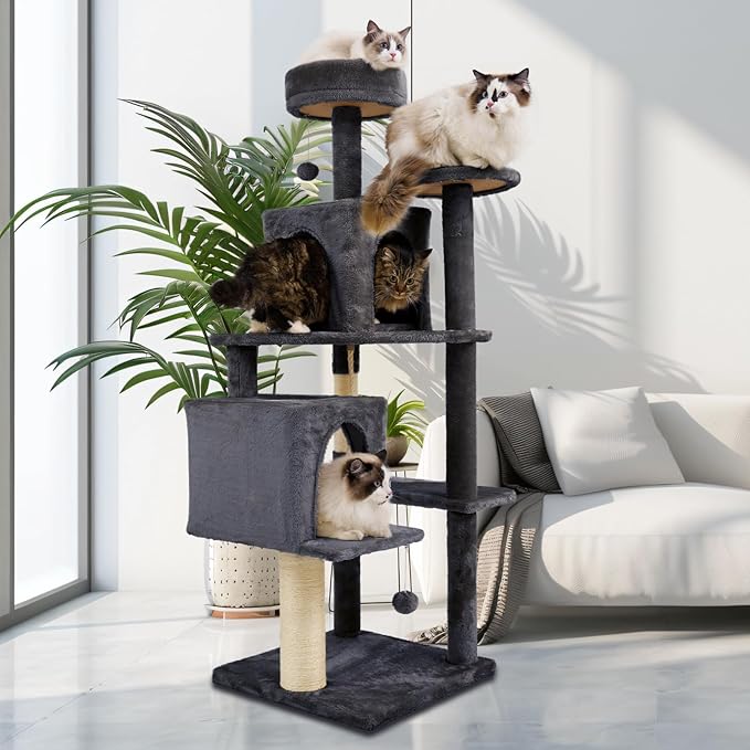 Large Cat Tree, 57.8" Tall, Dark Grey, Multi-Level Cat Furniture with Condos, Scratching Posts, Beds, Pompoms, Sisal Rope, Indoor, Durable