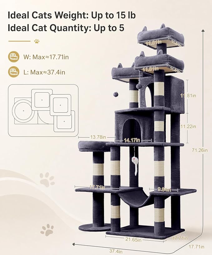 Heavy Duty Cat Tree for Indoor Cat, 71 Inch Large Cat Tower with Scratching Post and Top Perch, Hammock, Big Cat Condo for Adult Cats Kittens, PMT03DG, Dark Grey