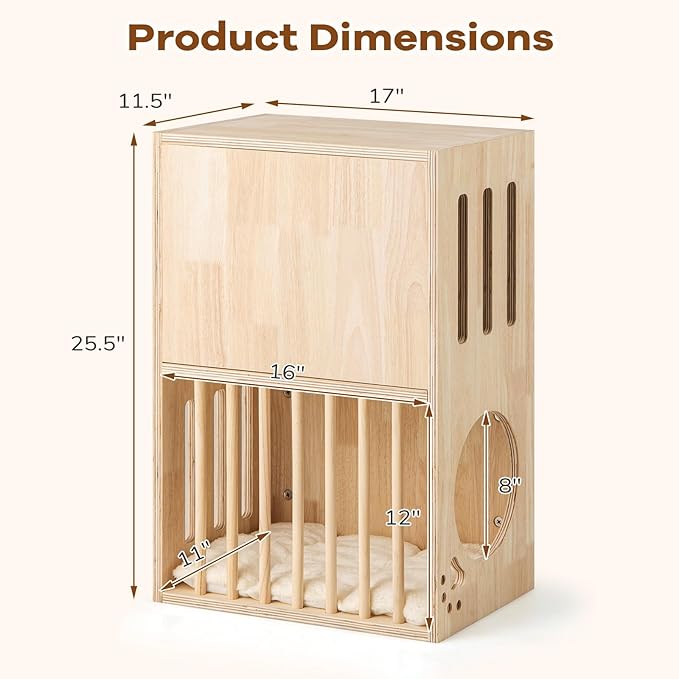 PETSITE 2-Storey Wood Cat House for Indoor Cats, Natural Wooden Double Decker Cat Condo with Removable and Washable Soft Cushions, Air Vents, and Side Entries, Modern Pet Furniture Side Table