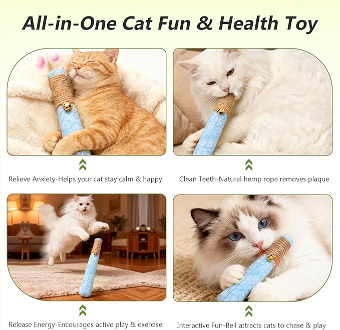 3 Pack Catnip Toys for Cats, Funny Kicker Cat Toys with Dental Rope & Jingle Bell, 100% Organic Catnip Catnip Toys, Bite-Resistant Chew Toy for Kitten Teething, Indoor Cat Toys