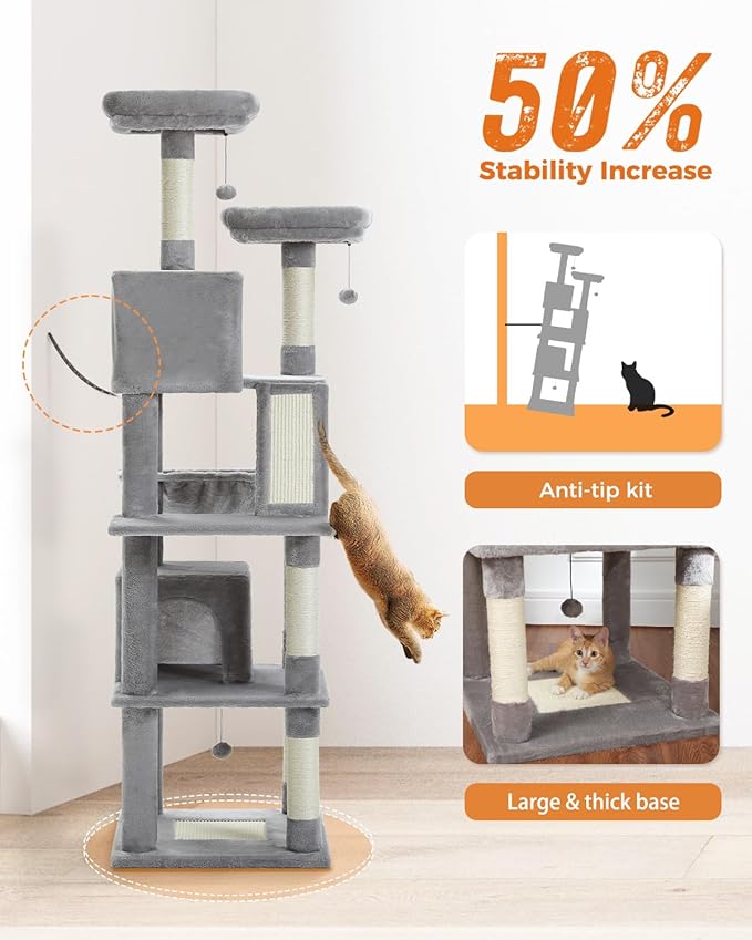 MUTTROS Tall Cat Tree 70.9", Large Cat Tree for Indoor Cats, Multi-Level Plush Cat Condo with 6 Scratching Posts, 2 Scratching Boards, 2 Perches, 2 Caves, Hammock, 2 Pompoms, Gray