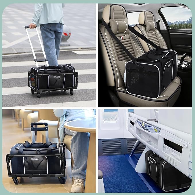 Petskd Small Pet Carrier with Wheels (17" L x 12" W x 8.5" H), JetBlue/Allegiant/Spirit Airlines Approved, Rolling Pet Carrier for Small Dogs & Cats (Black)