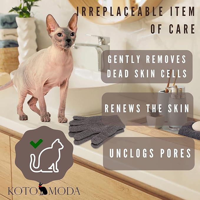 Sphynx Cat Bath Glove, Carbonized Bamboo Charcoal Exfoliating Mitt for Hairless Cats, Gentle Pet Grooming Bath Scrub for Peterbald and Donskoy (1 Pair)