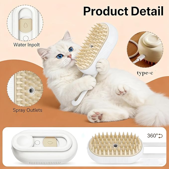 Pet Cold Mist Grooming Brush - Self-Cleaning Deshedding Tool for Dogs & Cats | Spritz Function, USB Rechargeable, Slicker Comb for Long/Short Hair (White)