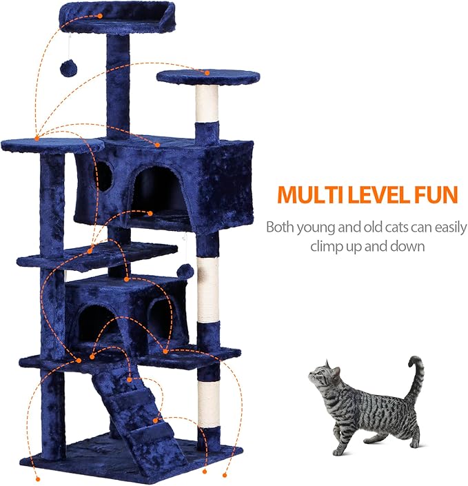 52” Multi-Level Cat Tree Condo Furniture Kitten Activity Play House Bed Pet Kitty Climbing Tower with Scratching Posts/Plush Perch/Scratcher Ladder/Tunnel for Cats,Kittens,Pets (Blue)