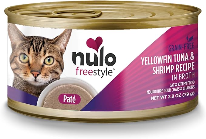 Nulo Wet Cat Food Pate - Yellowfin Tuna & Shrimp, High Protein, Grain-Free, Canned Cat Food, Hydration, Heart, Skin and Coat Support for Indoor & Outdoor Kittens, Adults & Seniors, 2.8oz Cans, 12 Pack