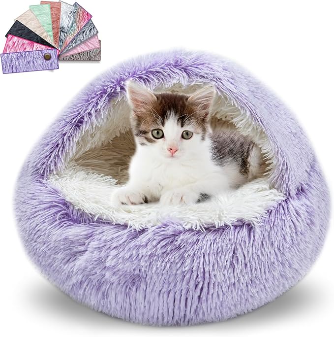 FORMYCATIE Cat Beds for Indoor Cats,Cat Cave for Puppy and Kitty,Calming Small Dog Bed for Small Dogs with Cover Cave,Cozy Warming Fluffy Washable Anti-Slip Pet Sleeping Bag(20 * 20inch,Purple)