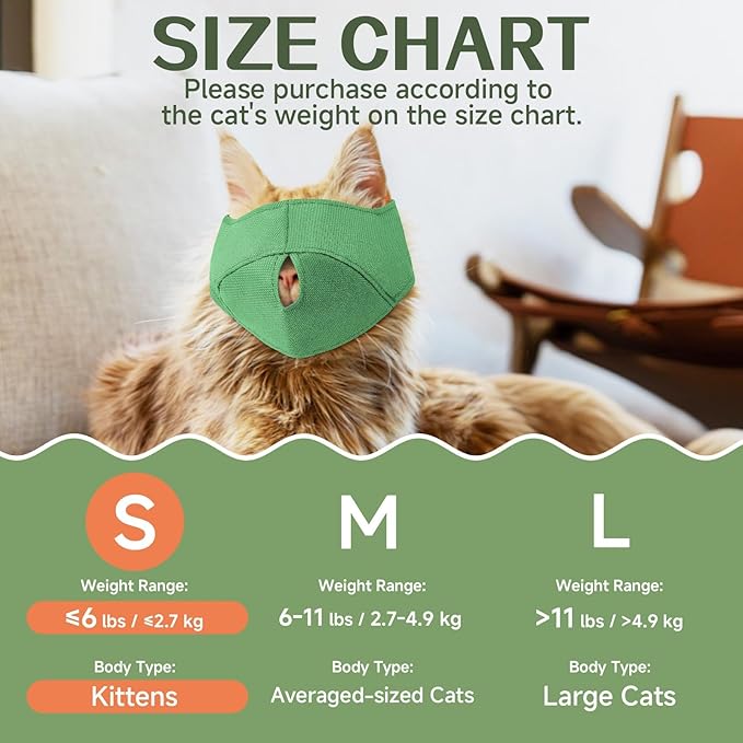 BARKLESS Cat Calming Muzzle for Grooming & Nail Trimming, Oxford Muzzle with Shading Design to Help Calm the Cat Down, Soft Head Cover to Prevent Biting & Scratching (Green, S)