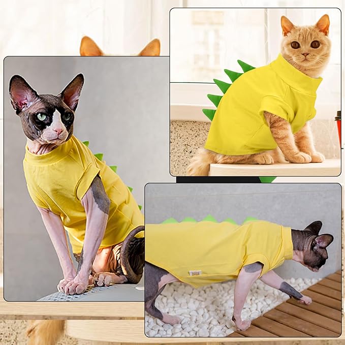 DENTRUN Sphynx Cat Clothes, Cute Dinosaur Design Hairless Cat Costume, Breathable Cotton Shirts Cat Clothes for Cats Only, Round Collar Kitten Daily T-Shirts with Sleeves, Cats Funny Cosplay Apparel