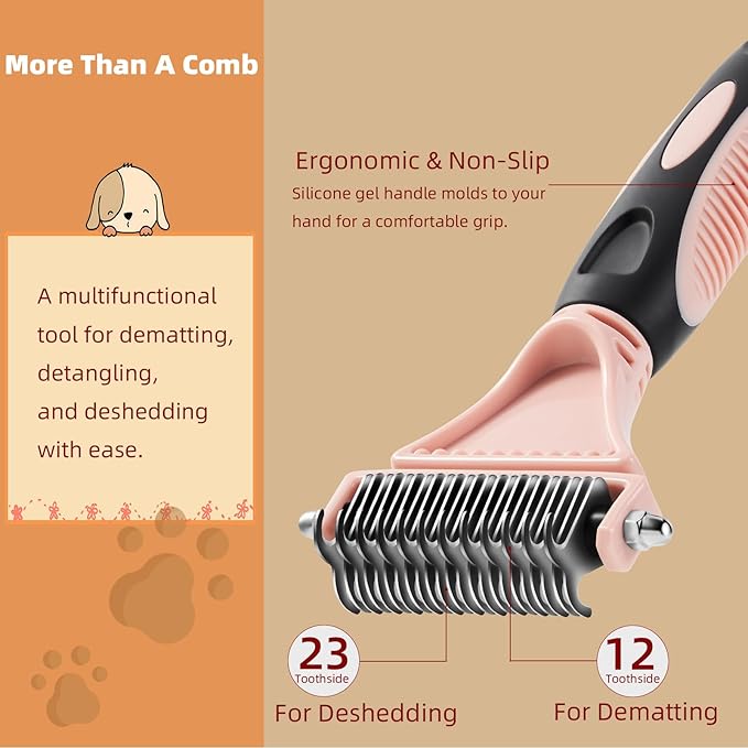 XAQMHSW 3PCS Cat & Dog Brush Set: Slicker & Deshedding Brush, Dematting Comb, and Bath Brush – Premium Grooming Tools for Shedding & Tangle-Free Fur (Pink)