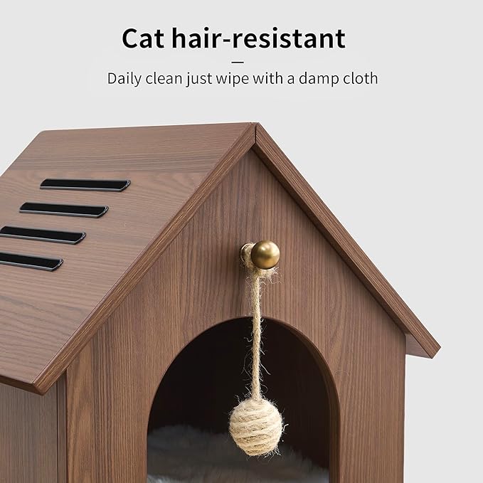 Cat House for Indoor Cats - Modern Wooden Covered Cat Cave Bed, Sturdy & Durable Cat Hideaway Hanging Ball Toy & Warm Plush Mat Included, Easy Video Assembly.