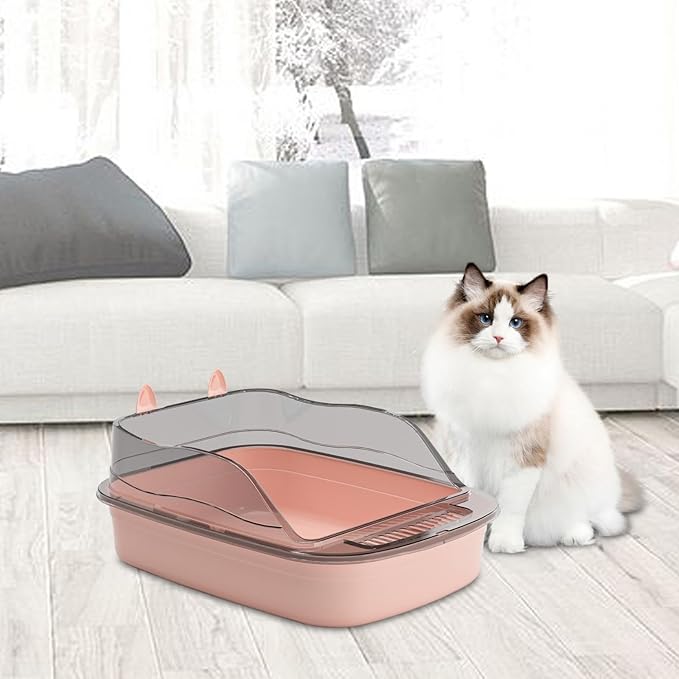 Large Open Cat Litter Box Cartoon Design, Heightened Splashproof Cat Sandbox Kitty Litter Pan Toilet Tray- Pink