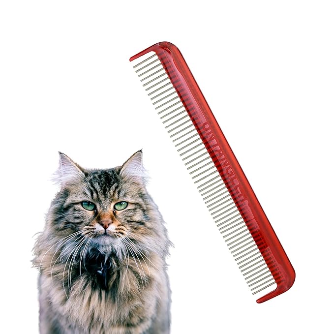 Cat Comb, 7 inch, Ferrari Red - Silky Smooth Rotating Teeth for Gently Detangling Matted Cat Hair, Stainless Steel, Made in USA, Vet Recommended