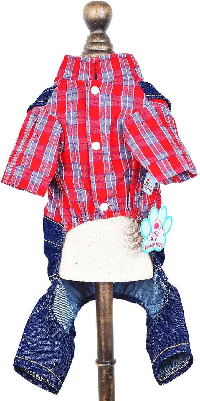 SMALLLEE_LUCKY_STORE Pet Clothes Costume Puppy Denim Overalls for Small Medium Dogs Cats Boys Bowtie Plaid Shirt Jeans Pants Outfits Chihuahua One Piece Jumpsuit,Red L