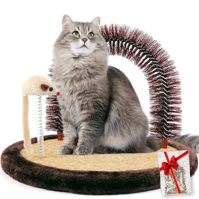 Happi N Pets Original Cat Self Groomer, Arch Grooming Brush wtih Heavy Wooden Scratching Pad, Rubbing Post & Toy, Cat Face Scratchers Body Massager, Cat Scratchers for Indoor Cats, Brown