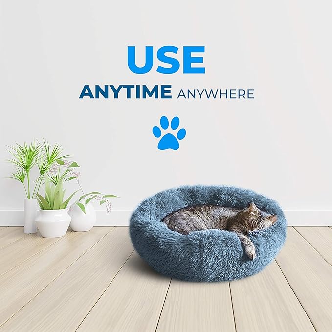 Whiskers & Friends Cat Beds for Indoor Cats, Fluffy Calming Donut Cat Bed, Small Dog Bed Washable - Orthopedic Soft Plush Pet Beds Sized for Kitten to Large Cats & Puppy to Small Dogs - Navy Grey 23''