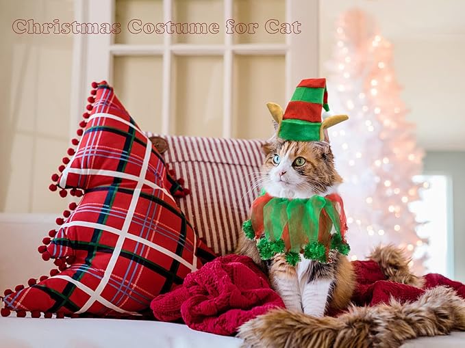Cat Christmas Costume Elf Hat and Bell Collar Xmas Pet Costume Accessories for Cat and Puppy 2Pcs