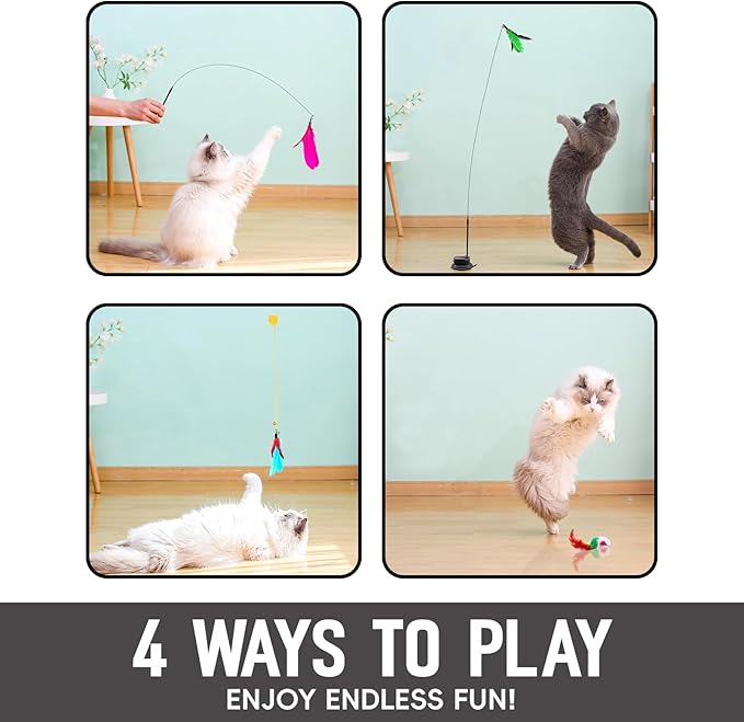 4-in-1 Interactive Cat Toys Set - Feather, String,Suction Cup Cat Toy Stick & Wand Toys with 15 Replaceable Attachments for Indoor Cats