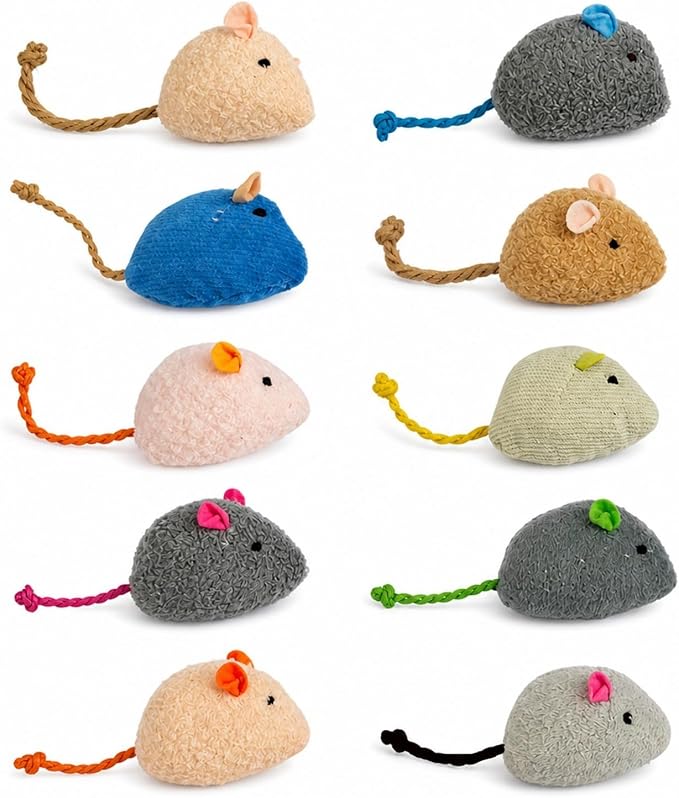 Cat Toys Mouse Set, 10 Pack Plush Mice with Rope Tails, Soft Interactive Cat Toy for Indoor Cats, Kittens, Chase, Batting & Hunting Play