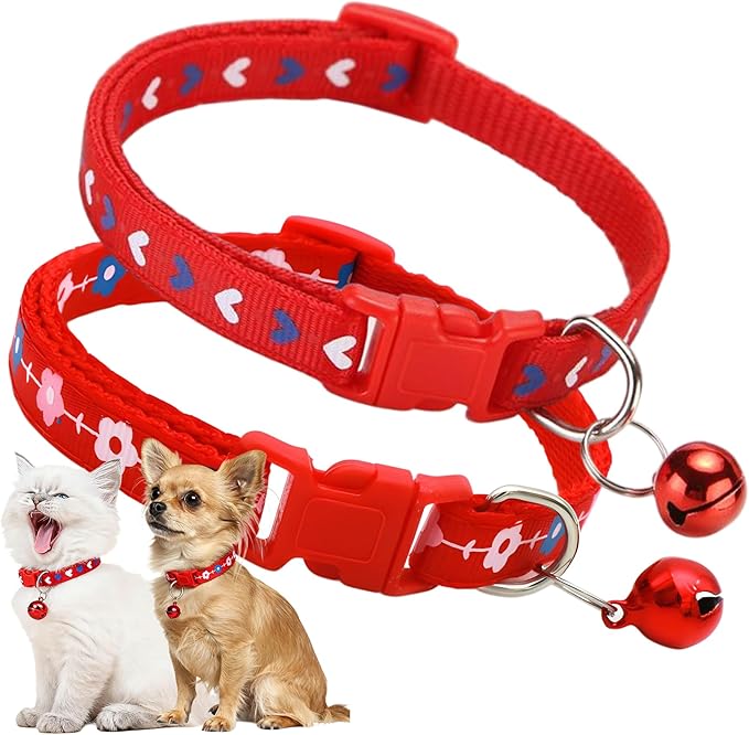 Red XXS Dog Collar with Bell, 2-Pack Puppy Collar with Bell, Nylon Cute Female Cat Collars Adjustable XXSmall XS Little Small Girl's Kitten Dogs