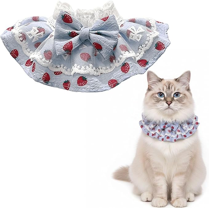 Cat Bib Collar, Cat Lace Bib with Bow Strawberry Print, Cute Kitten Scarf, Adjustable Lace Tie Puppy Bandana, Pet Costume Dress Up Accessories (M)