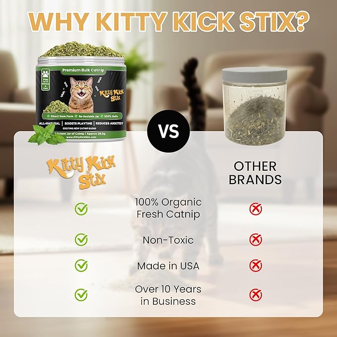 Kitty Kick Stix Premium Bulk Catnip - Made in USA 100% Natural, Enticing Catnip Treats for Catnip Toys, Catnip Spray, & Cat Accessories. Safe & Non-Addicitve Catnip for Kittens (Single Jar)