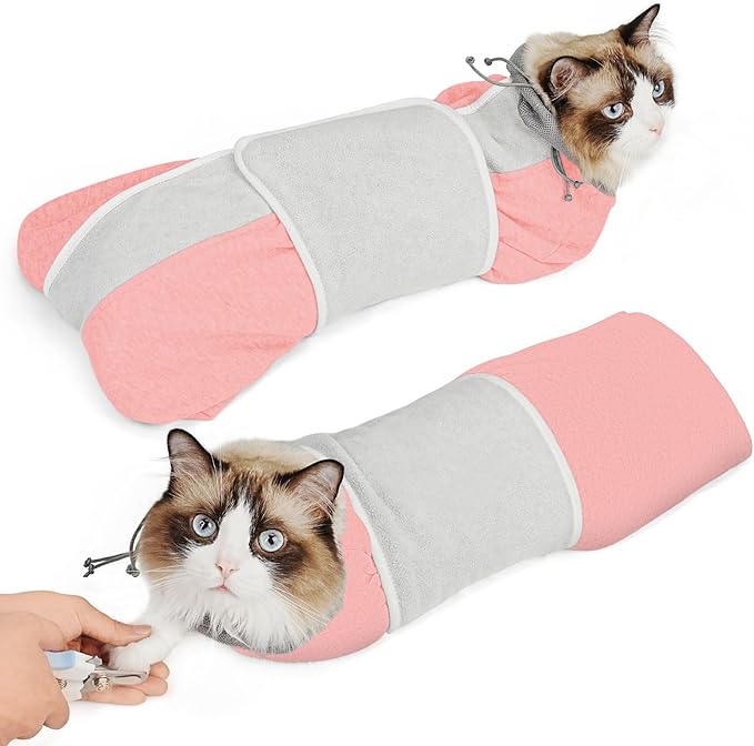 Supet Cat Grooming Wrap for Cutting Nails, Self-Adhesive Anti-Scratch Swaddle with Bite-Proof Mesh Hood & Thick Waist Strap Anti-Escape Bag for Nail Trimming, Medication, Ear Cleaning (Pink L)