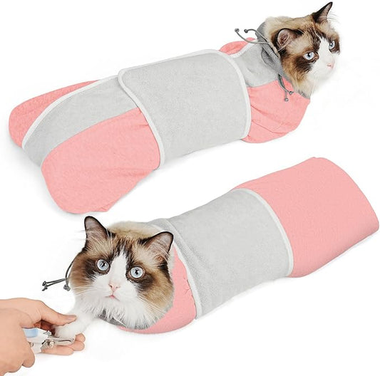 Supet Cat Grooming Wrap for Cutting Nails, Self-Adhesive Anti-Scratch Swaddle with Bite-Proof Mesh Hood & Thick Waist Strap Anti-Escape Bag for Nail Trimming, Medication, Ear Cleaning (Pink M)
