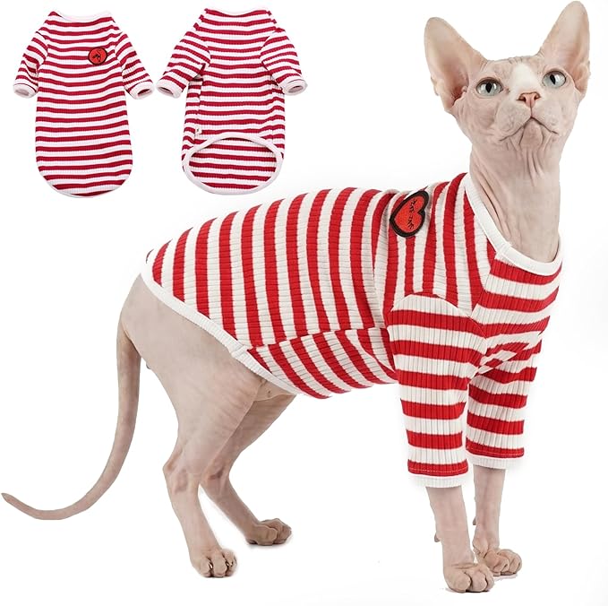 DENTRUN Hairless Cats Shirt Breathable Cat Daily Wear Clothes Stripe Vest Adorable Pajamas Jumpsuit Soft & Skin-Friendly
