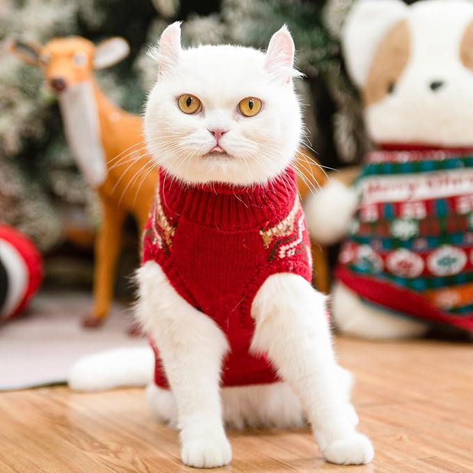 PUPTECK Winter Cat Sweater Coat - Soft Warm Cold Weather Clothes Knitwear for Kittens & Small Dogs Indoor Outdoor Wearing, Knitted Classic for Doggies Kitties Girls Boys, Christmas Deer, S
