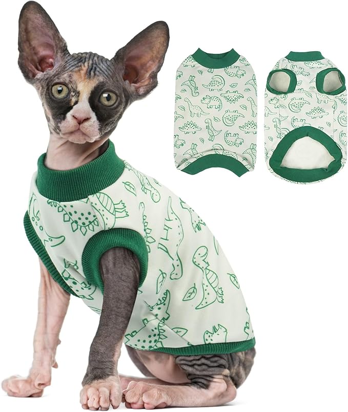 XX-Large Sphynx Hairless Cat Clothes with Dinosaur Print, Pullover Kitten T-Shirts Vest, Sleeveless Bodysuit Cat Pajamas Jumpsuit, Breathable Daily Wear Clothes for Cats