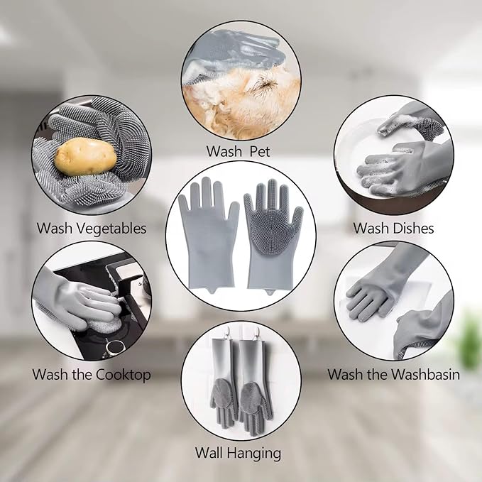 Pet Grooming Gloves for Dogs & Cats, Silicone Deshedding Brush, Gentle Fur Remover, Bathing & Massage Gloves. 3 Colors Variation (Gray)