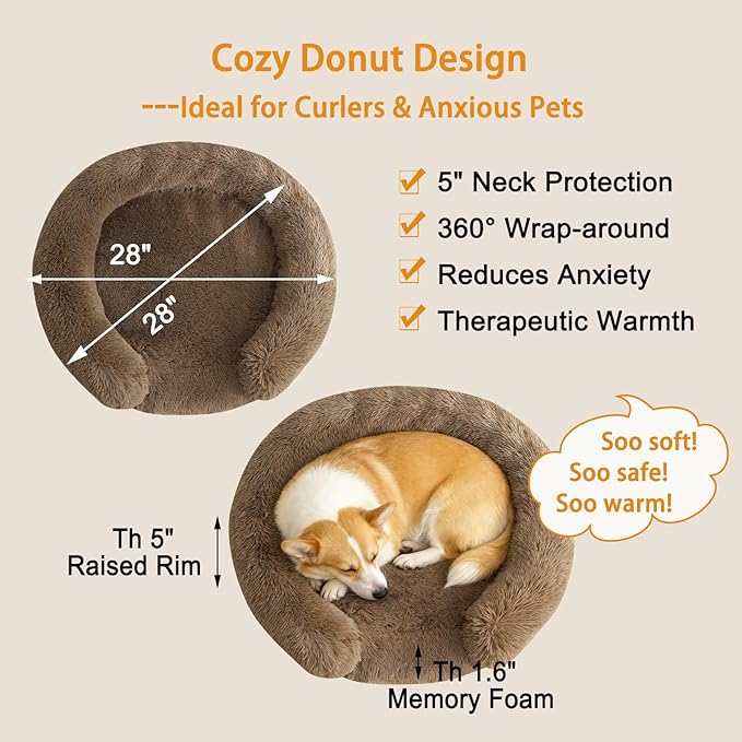 Calming Dog & Cat Beds with Orthopedic Egg-Crate Foam Raised Rim, Soft Fluffy Faux Fur Pet Sofa Couch Bed for Medium Dogs, Anxiety Relief Spine Support, Machine Washable (Round, Coffee 28")