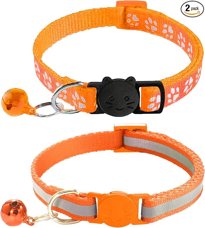 2 Pack Breakaway Cat Collars with Bells, Reflective Design and Claw Print Design, Safety Buckle Kitten Collars Adjustable from 7.5 to 12.5 Inches (Orange)