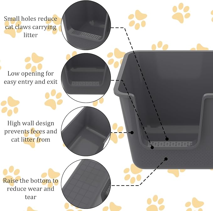 Open Cat Litter Box, Large Standard Litter Box, Kitten Litter Potty Pan for Small & Large Cats, Easy to Clean, Low Entry, 4 Units, Grey