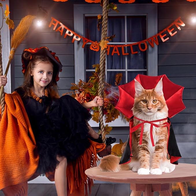Pet Vampire Cape Costume for Cats and Small Dogs, Funny Adjustable Pet Cloak Apparel for Halloween, Birthday, Photoshoot, Cosplay Dress Up Accessories